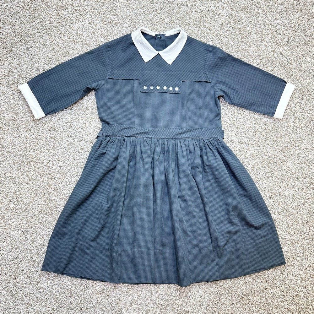 VTG 1980's Girls Green Blue Check Dress Collar Belt Button Back Prairie School